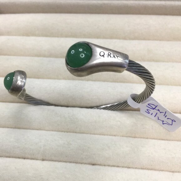 Q Ray Sterling silver Cable cuff bracelet Green Serpentine semi precious stones - Picture 1 of 4